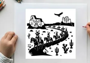 Western desert landscape with cowboy and donkey silhouette