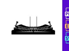 A black and white silhouette of a large sports stadium with floodlights