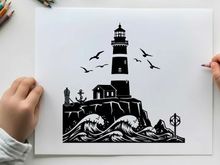 Silhouette of a lighthouse on a rocky cliffside with seagulls