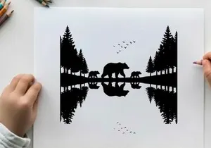 Silhouette of a bear family in a serene forest landscape