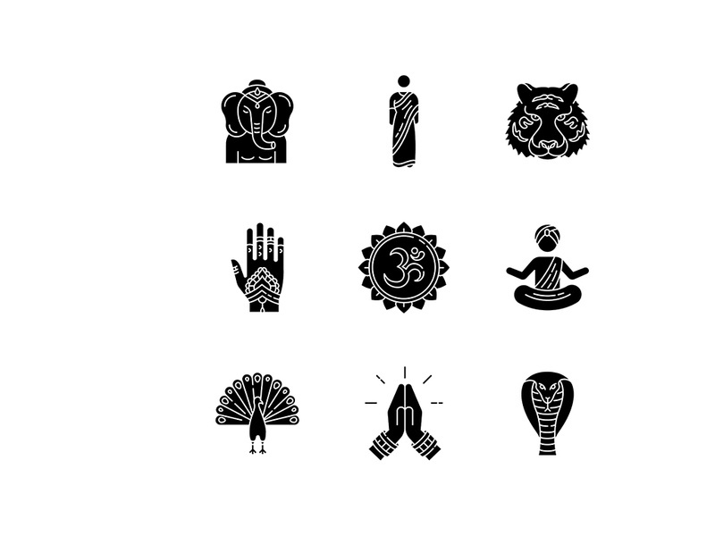 Indian spiritual symbols black glyph icons set on white space