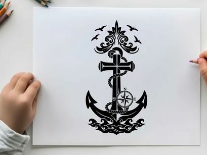 Nautical silhouette anchor cross compass birds sea waves