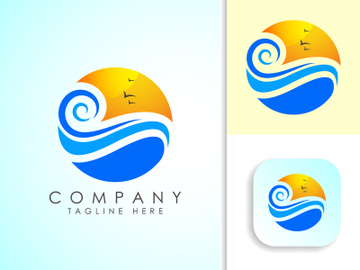 Beach logo design. Sun sunset sunrise with beach ocean sea water logo icon. preview picture