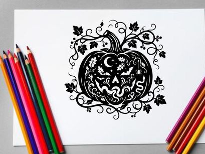 Halloween pumpkin with spooky face and decorative vines for fall decor