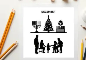 December holiday silhouette featuring family and christmas symbols