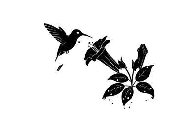 Silhouette of hummingbirds and flowers in flight preview picture