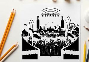 Concert silhouette with crowd and stage equipment