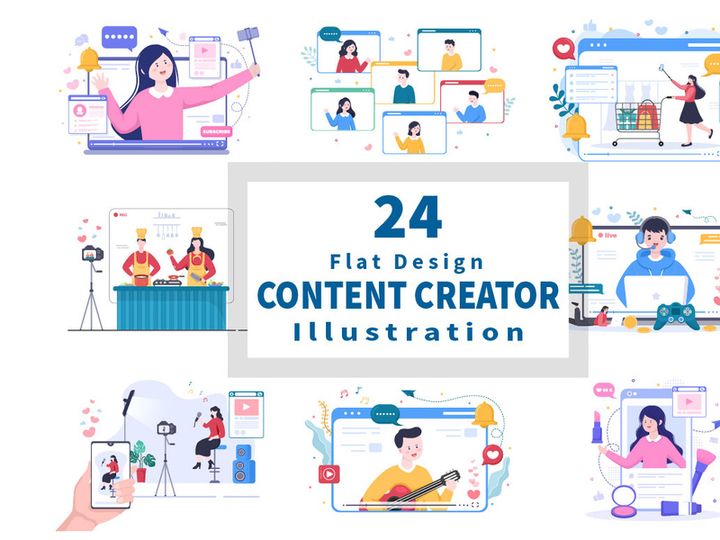 24 Content Creator Online Blogger Vector Illustration