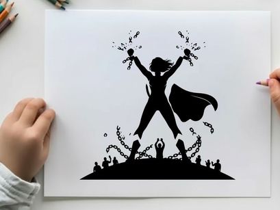 Silhouette of a woman in a cape standing triumphantly