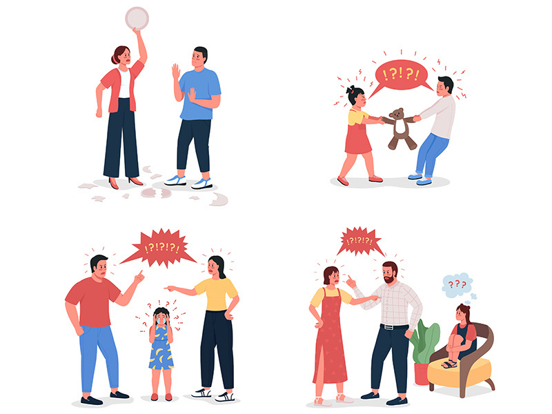 Family fighting flat color vector detailed character set