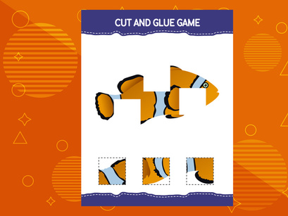 10 Pages Cut and glue game for kids with fish. Cutting practice for preschoolers. Education worksheet.