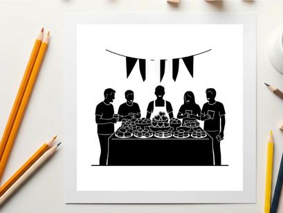 Silhouette of people at a buffet table with bunting