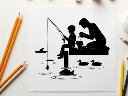 Silhouette of a man and boy fishing together by water