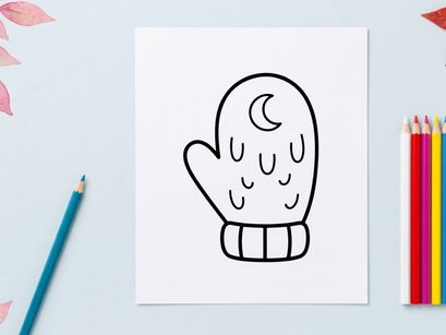 Cute winter mitten coloring page. Simple line art illustration of a cozy glove.