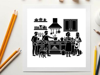 Family cooking together in kitchen silhouette
