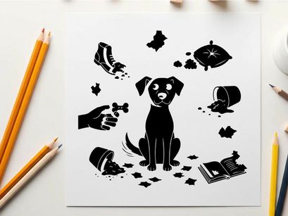 Silhouette of a dog surrounded by scattered items silhouette
