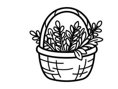 Hand-drawn Halloween basket filled with autumn leaves. Whimsical woven trick-or-treat container holding fall foliage for seasonal decor.