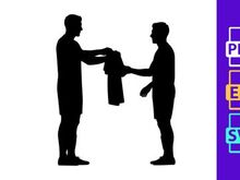Two men exchanging a jacket in a simple black silhouette illustration