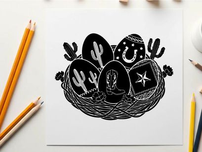 Western easter eggs in a basket silhouette