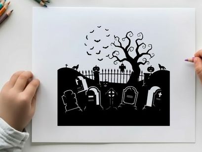 Silhouette of a spooky graveyard with tree and bats
