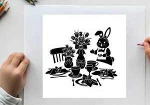Whimsical silhouette of a bunny at a tea party with flowers