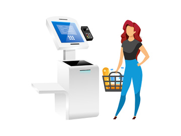 Woman with store terminal flat color vector faceless character preview picture