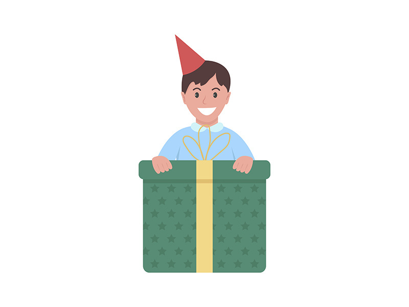 Birthdayboy with large gift box semi flat color vector character