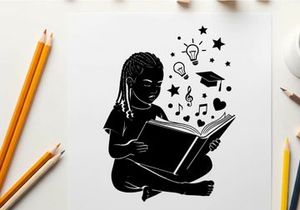 Silhouette of a girl reading with creative thoughts silhouette