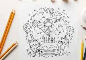 Birthday party celebration with cat and teddy bear vector illustration