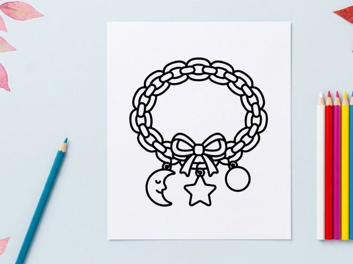 Charm bracelet line art illustration. Jewelry accessory with moon and star pendants.