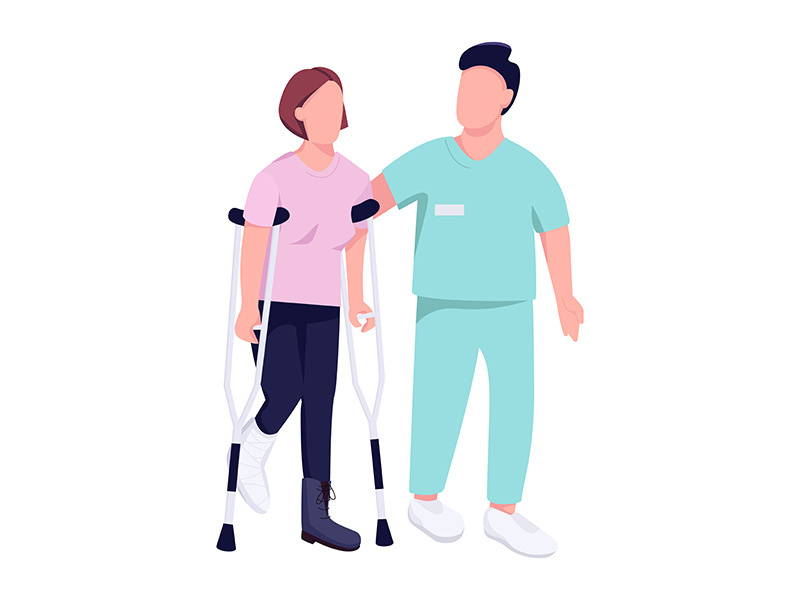 Woman on crutches and doctor flat color vector faceless character