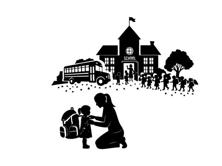 Silhouette of mother and child in front of school