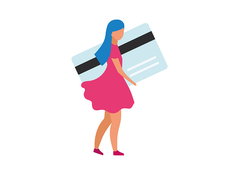 Girl paying with credit card semi flat color vector character