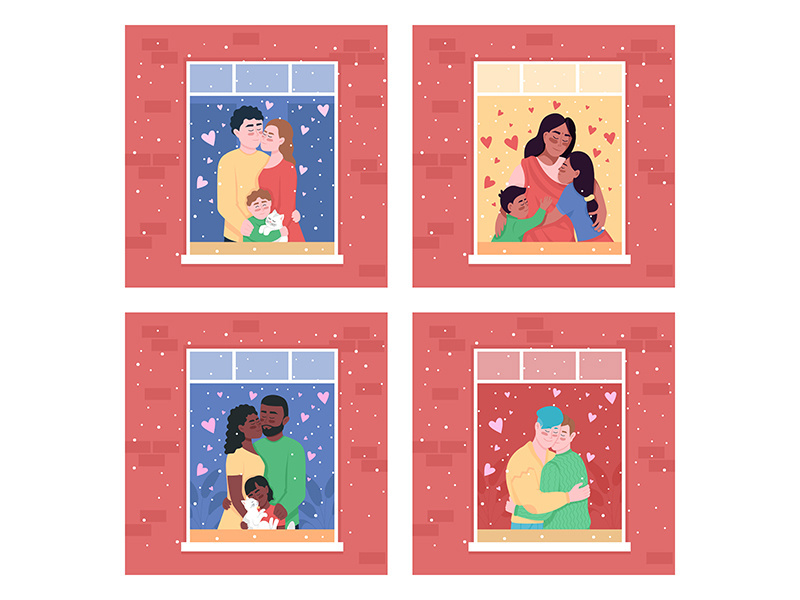 Happy family in home window flat color vector illustration set