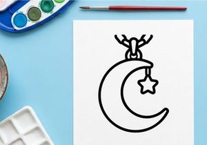 Hand-drawn Halloween crescent moon with antlers and star. Spooky night sky celestial symbol for seasonal decorations and crafts.