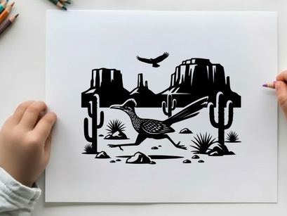 Desert landscape with roadrunner silhouette and cacti plants