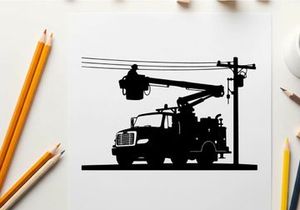 Silhouette of a utility truck working on a power line at night