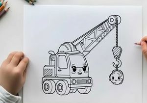 Cute crane truck lifting smiling ball vector illustration