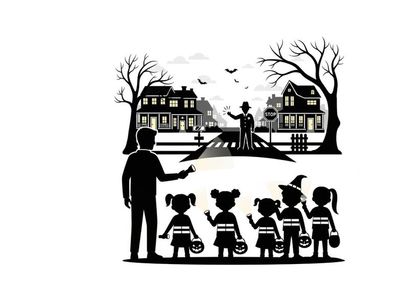 Halloween scene with silhouette of adults and children trick or treating