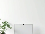 Minimal desk workspace with laptop, notebook, and indoor plant,