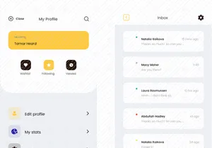 My Profile and Inbox screens for mobile app