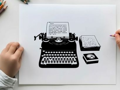 Vintage typewriter with paper and cassette tape silhouette