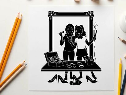 Two women admiring themselves in a large ornate mirror silhouette