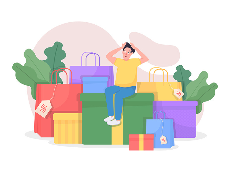 Shopaholic with purchases flat concept vector illustration