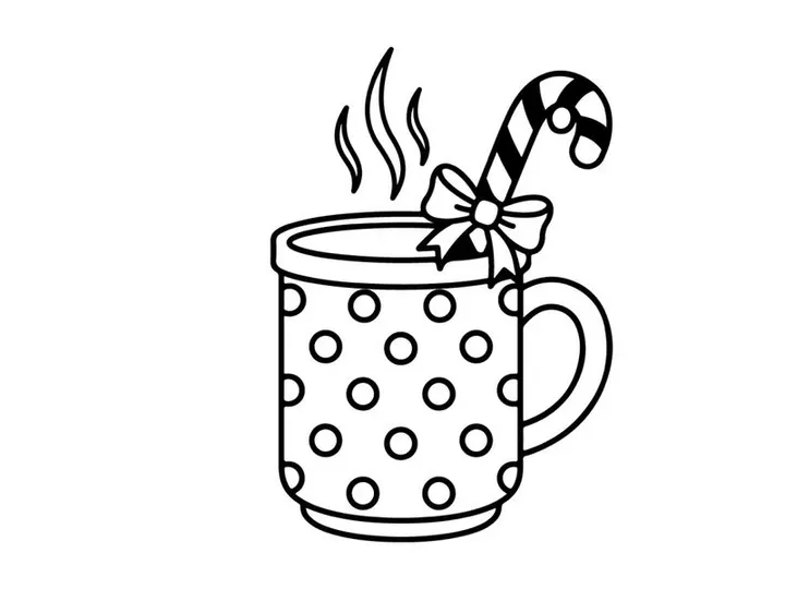 Steaming hot coffee mug with candy cane and snowflake for festive Christmas morning