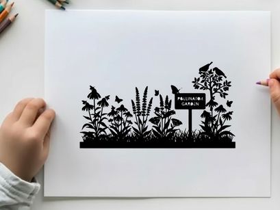 Silhouette of a pollinator garden with birds and flowers