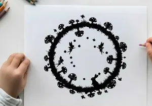 Black and white illustration of a circular floral pattern