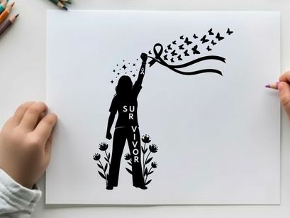 Silhouette of survivor releasing birds with ribbon symbolizing hope and freedom