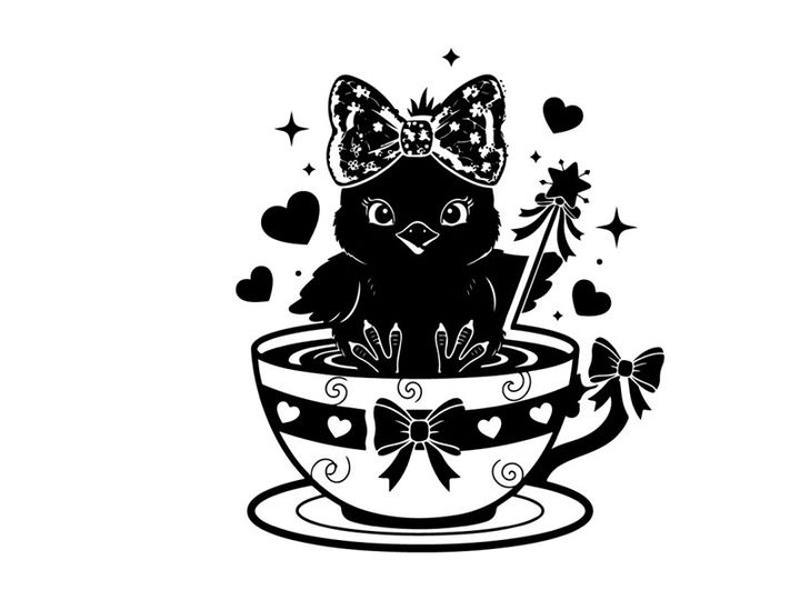 Adorable silhouette cat in decorative teacup with bow and wand silhouette
