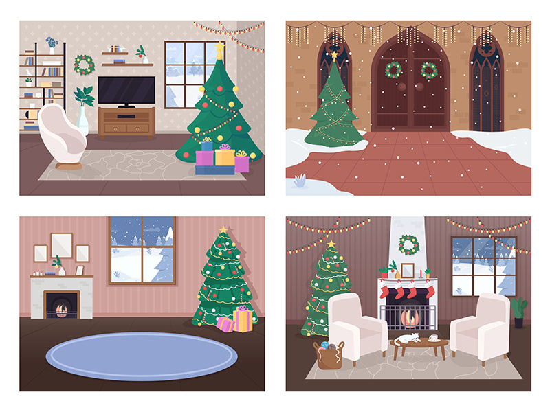 Christmas house inside flat color vector illustration set